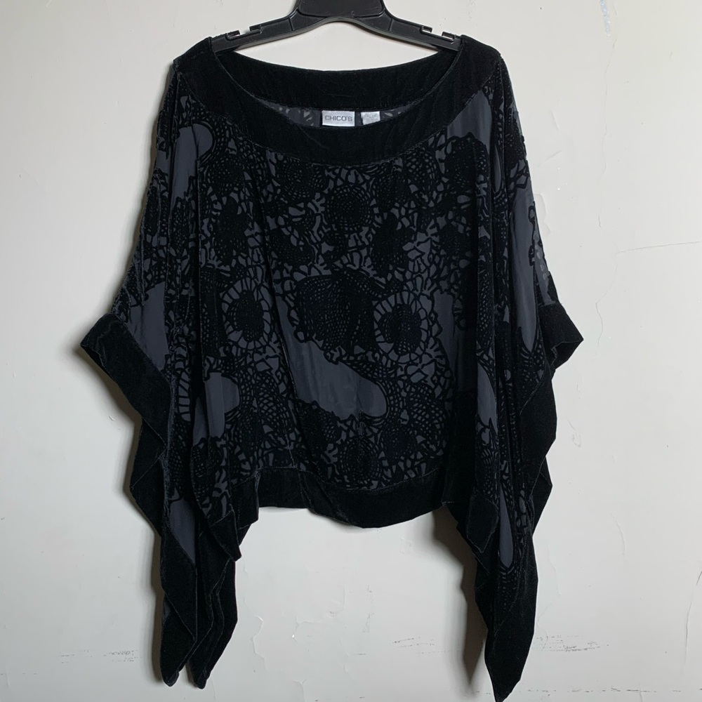 Chico’s Black Silk and Velvet Poncho Cape